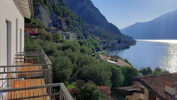 Habitación estándar con 1 cama matrimonial o 2 individuales, balcón, vista al lago | 1 habitación, edredón, camas con efecto memoria y escritorio