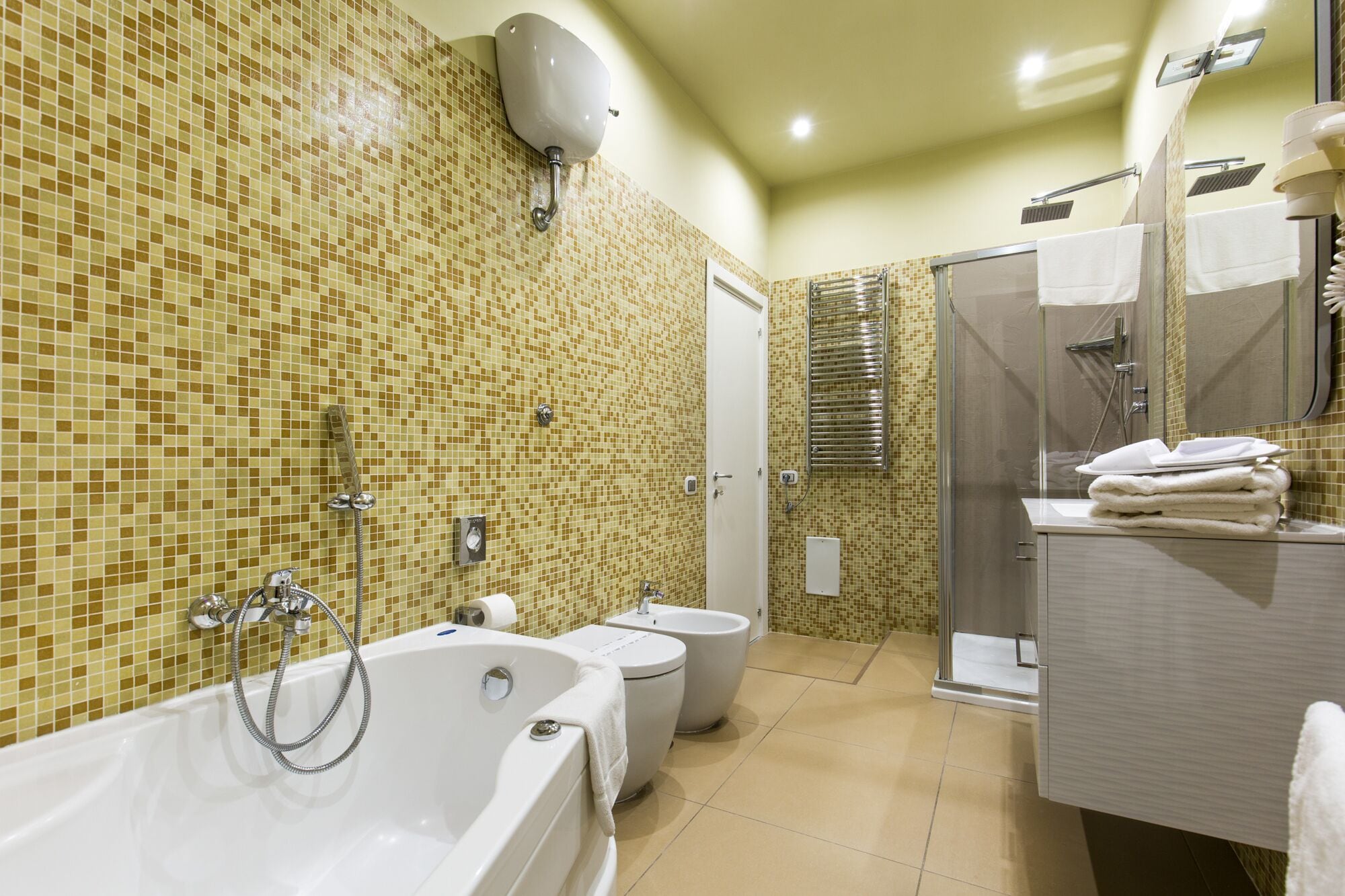 superior double room | bathroom | shower, rainfall showerhead, hair dryer, slippers