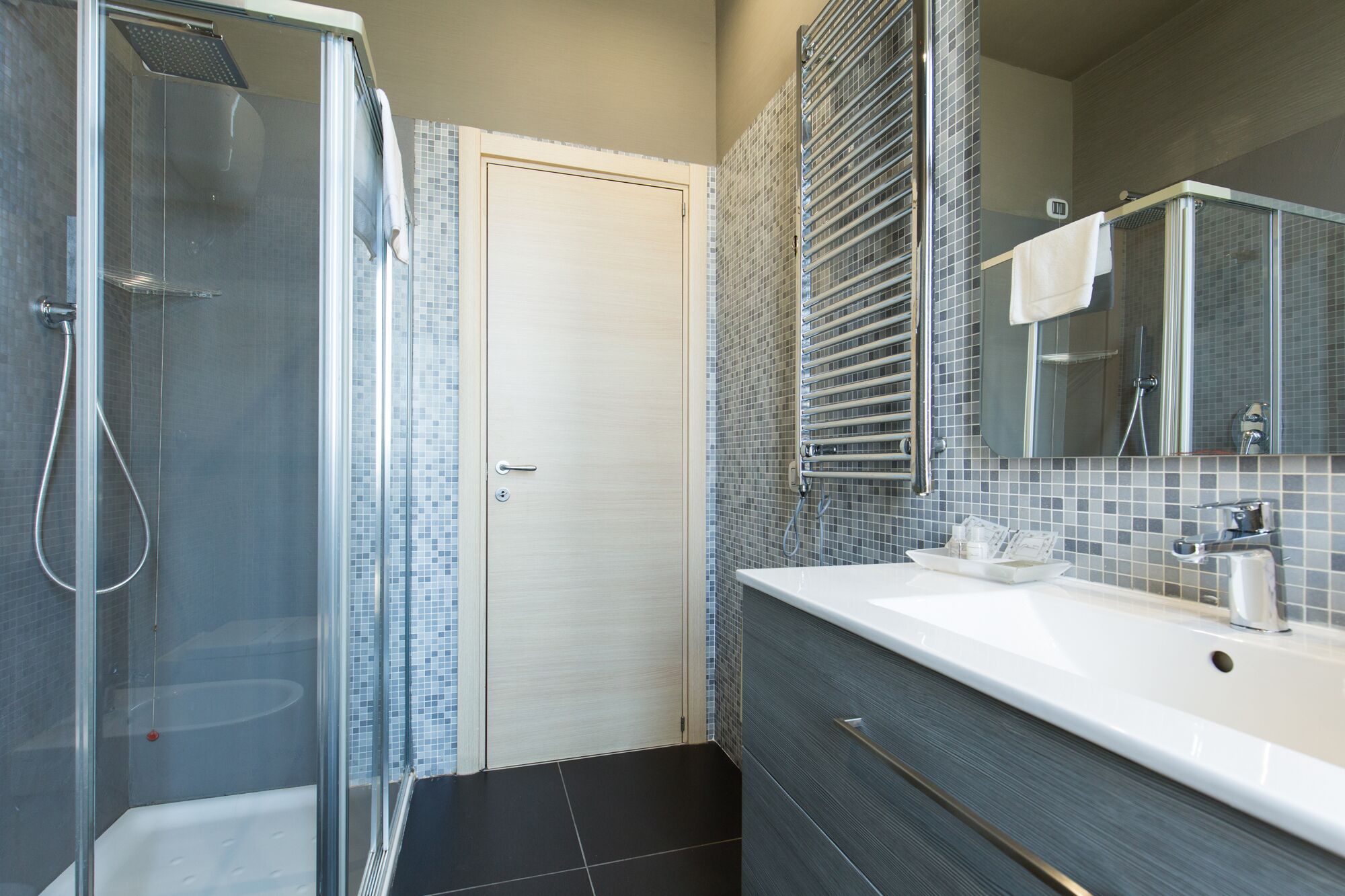 shower, rainfall showerhead, hair dryer, slippers