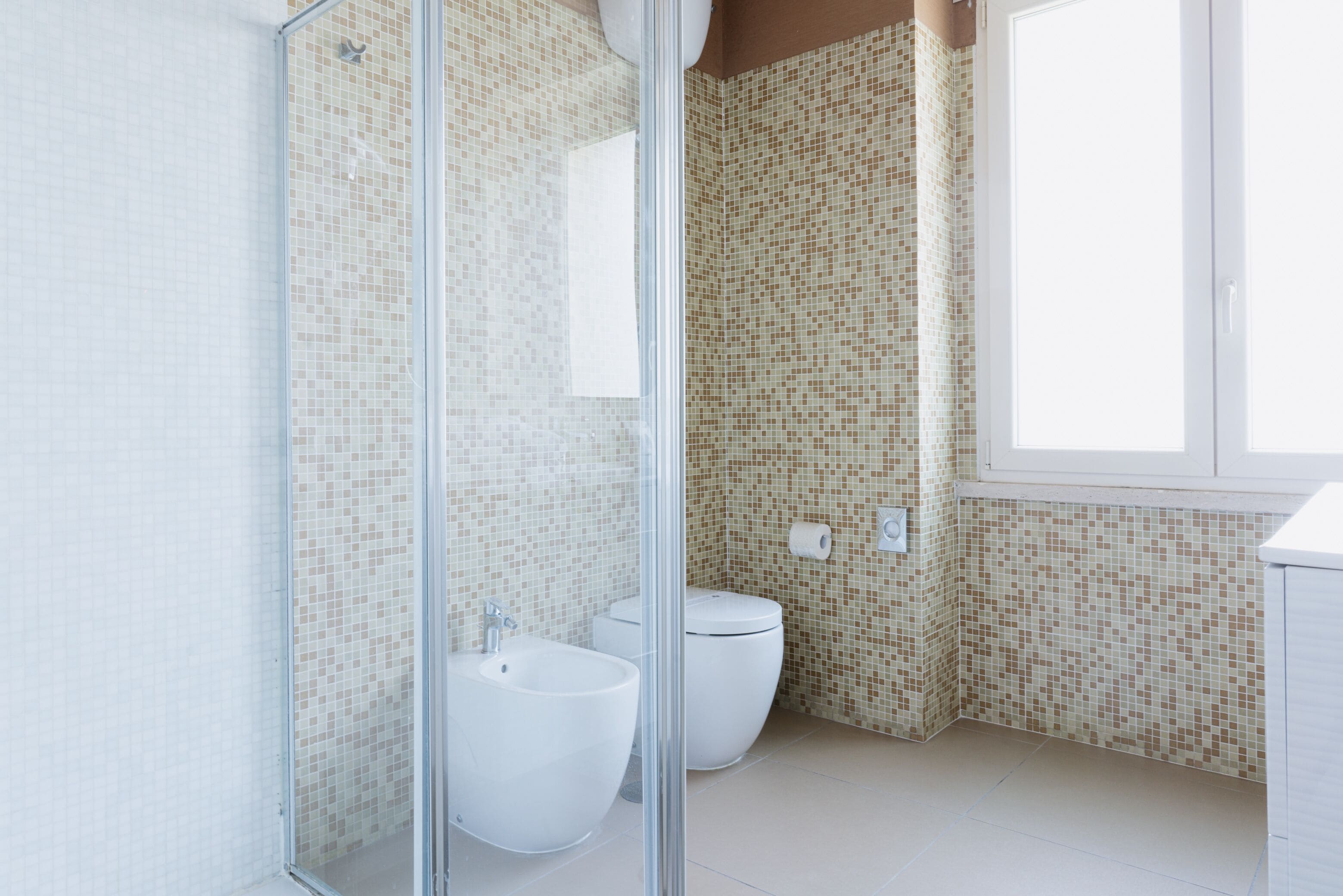 A bathroom with a glass shower enclosure, a toilet, and a bidet.