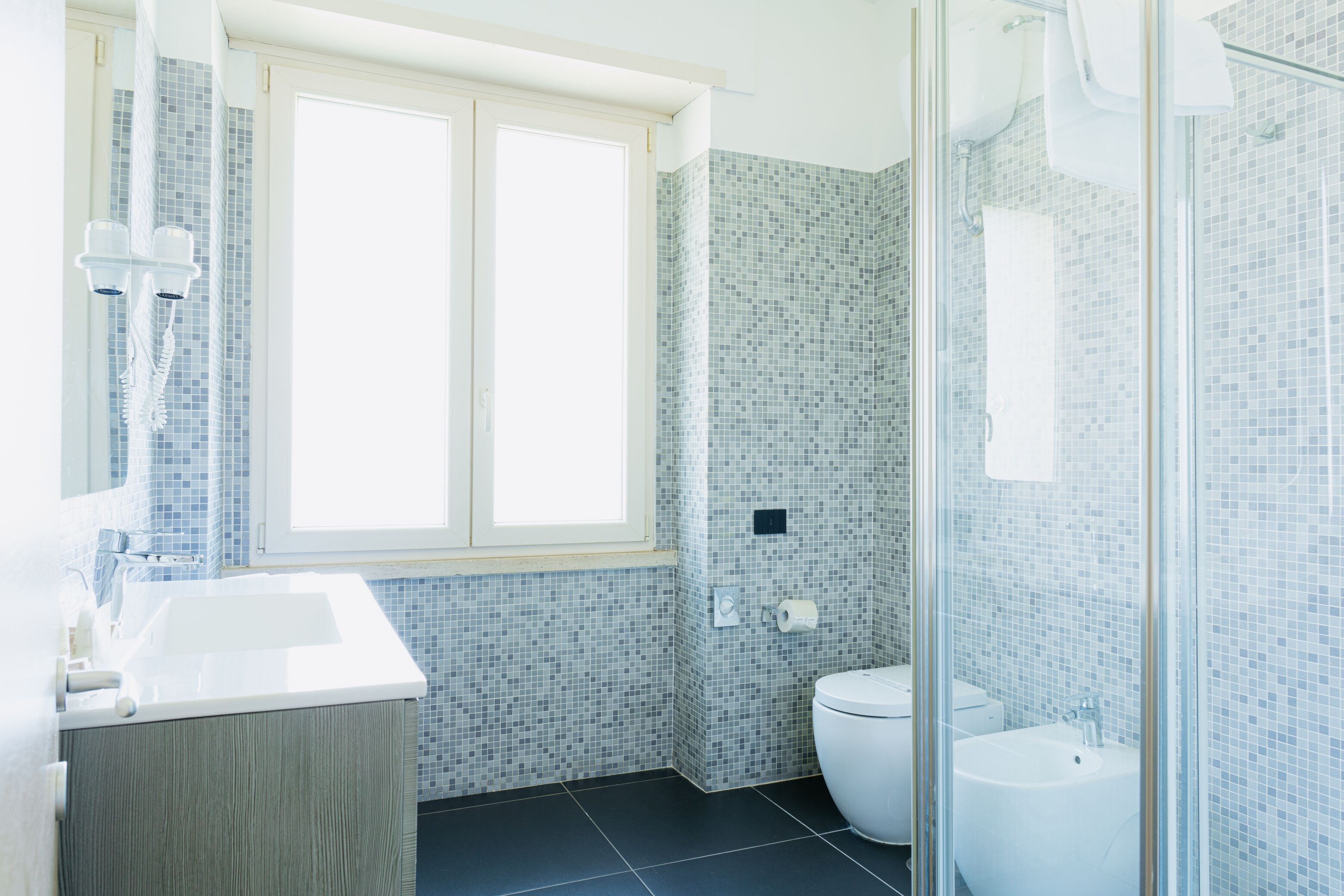 Un bagno con lavandino bianco, un WC e una zona doccia.