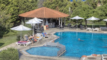 Seasonal outdoor pool, open 8 AM to 7 PM, pool umbrellas, pool loungers