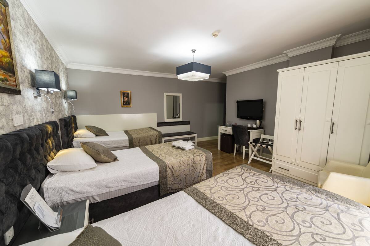 Habitación de hotel con dos camas, un escritorio, un televisor y un armario.