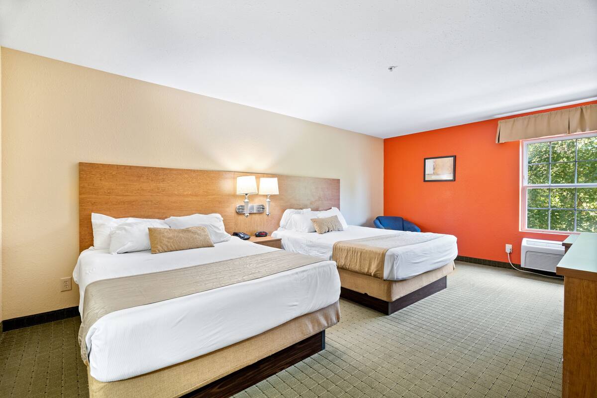 Une chambre d’hôtel avec deux lits, une tête de lit en bois, une fenêtre donnant sur un beau paysage et un climatiseur fixé au mur.