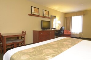 A hotel room with a bed, a desk with a chair, a television, and a lamp.