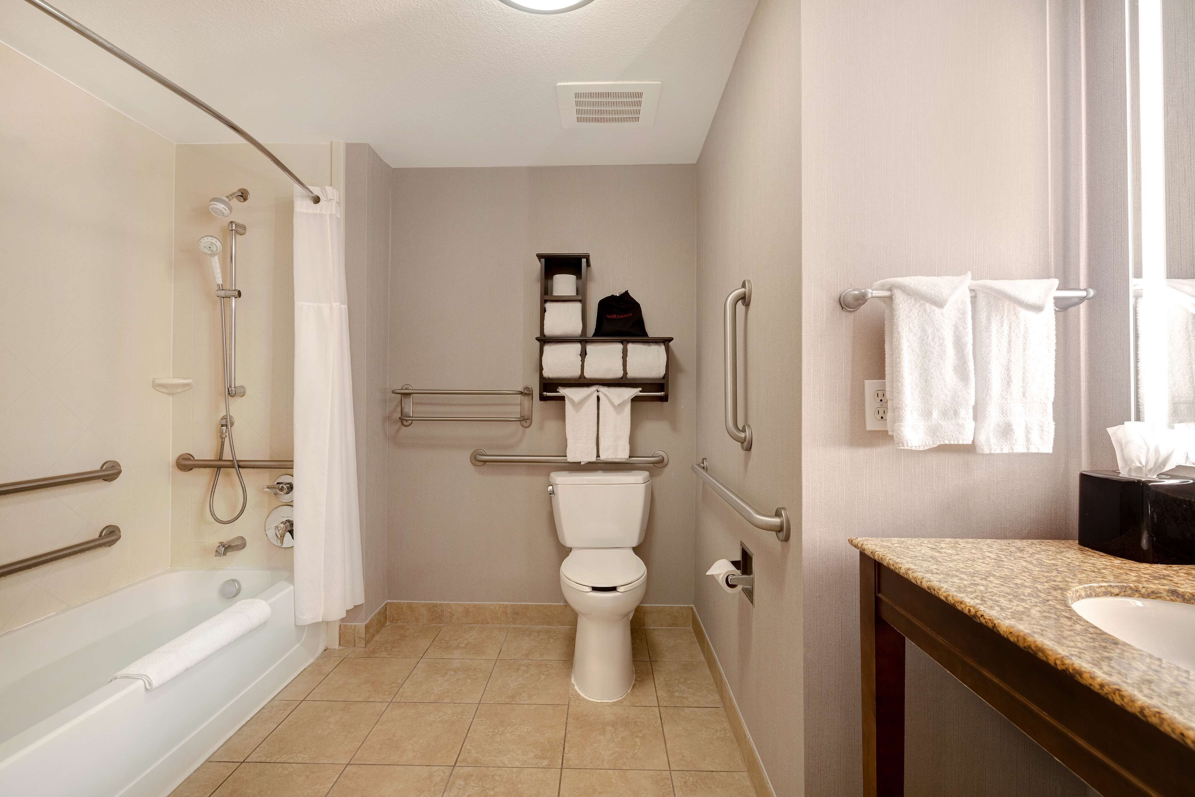 standard room, 1 king bed, accessible, non smoking (roll-in shower) | bathroom | free toiletries, hair dryer, towels