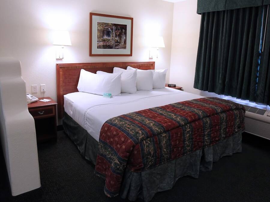 Une chambre d’hôtel avec un grand lit, deux lampes de chevet, un tableau au mur, une fenêtre avec des rideaux et un radiateur.