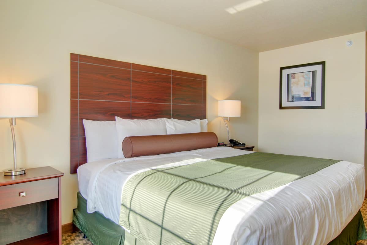 A hotel room with a large bed, two bedside lamps, a wooden headboard, and a framed picture on the wall.