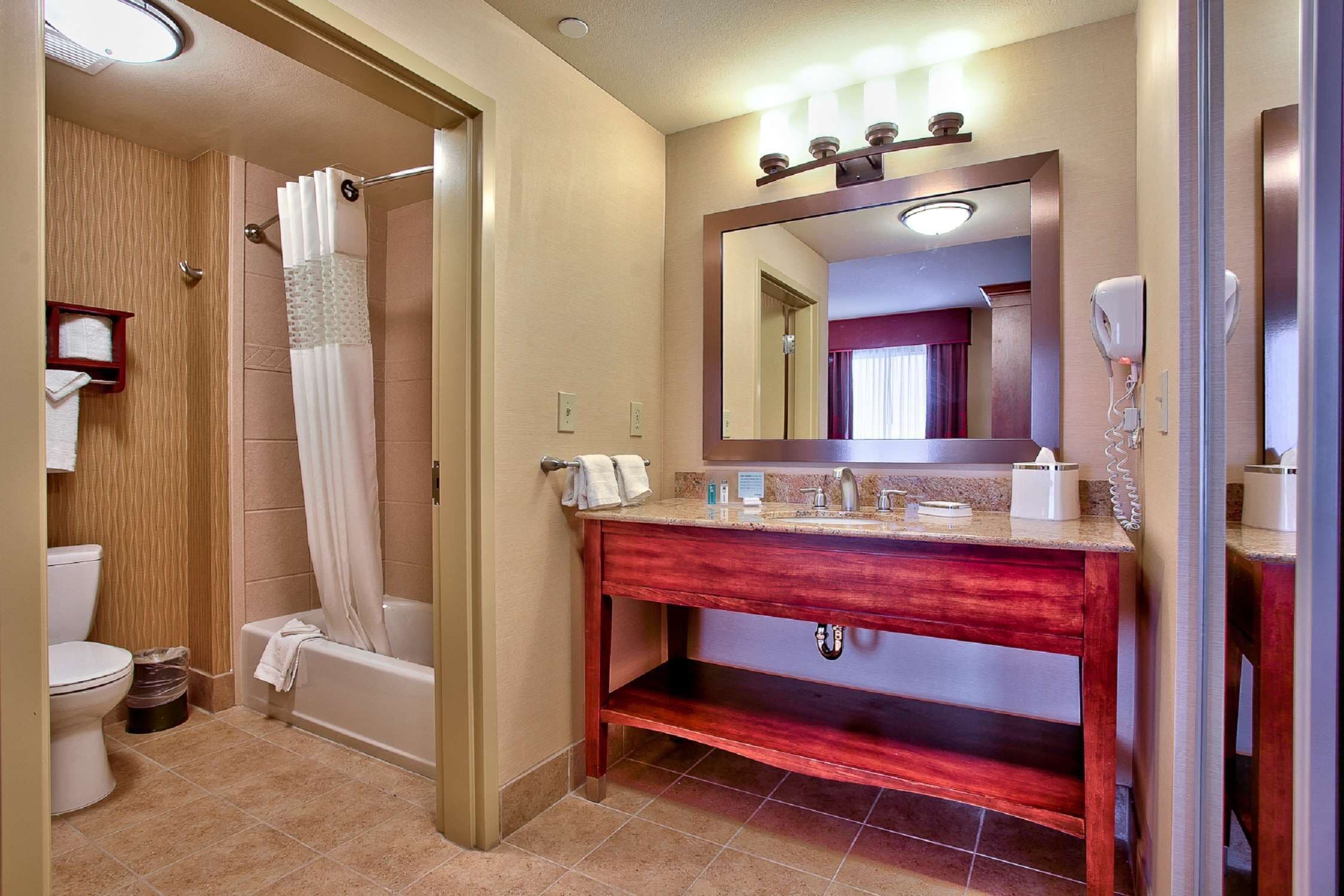 Une salle de bain avec un meuble-lavabo en bois, un grand miroir, une douche avec un rideau et des toilettes.