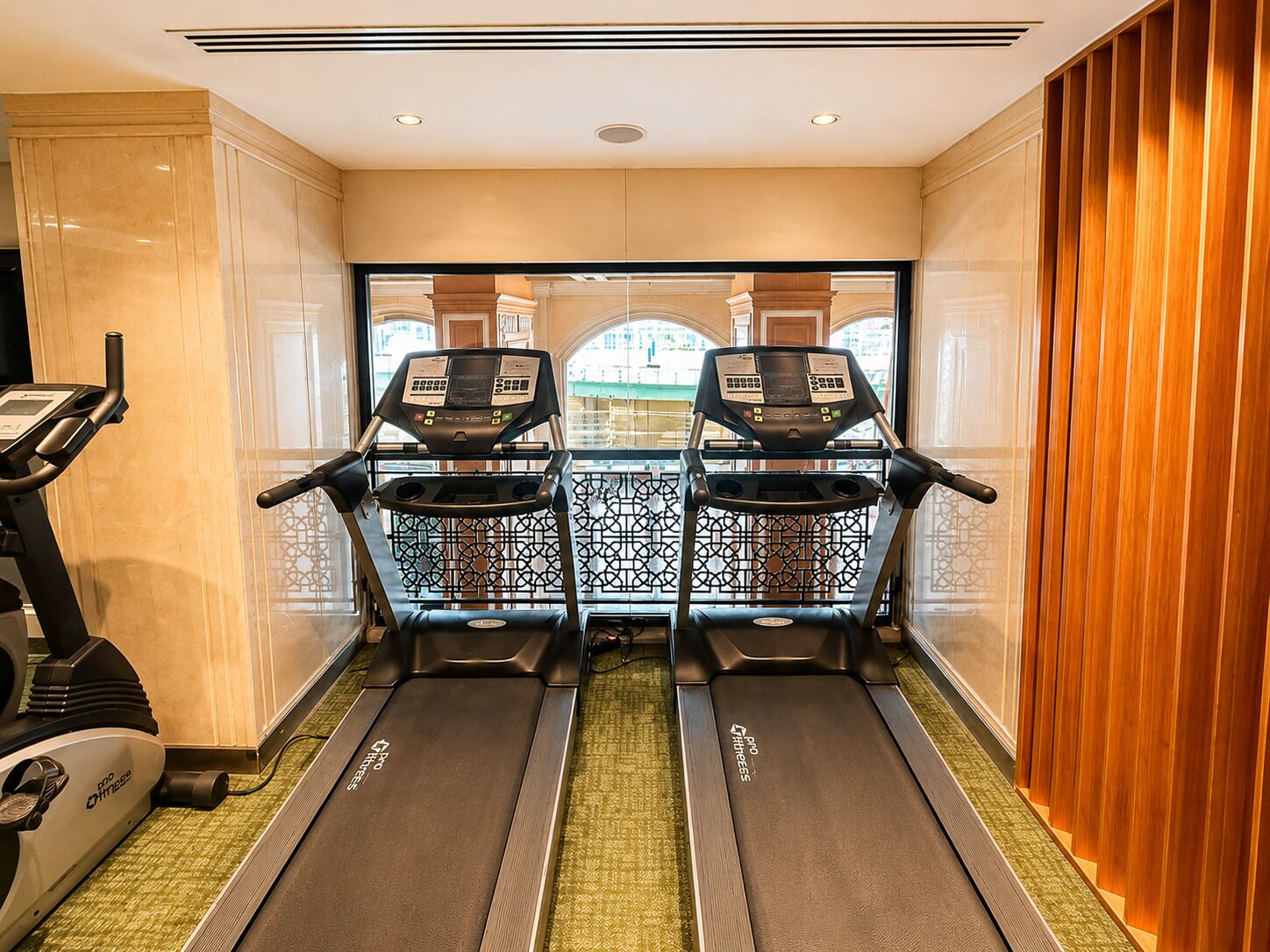 Une salle de sport d’hôtel équipée de deux tapis de course, d’un vélo d’appartement et d’une grande fenêtre offrant une vue panoramique.