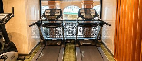Une salle de sport d’hôtel équipée de deux tapis de course, d’un vélo d’appartement et d’une grande fenêtre offrant une vue panoramique.