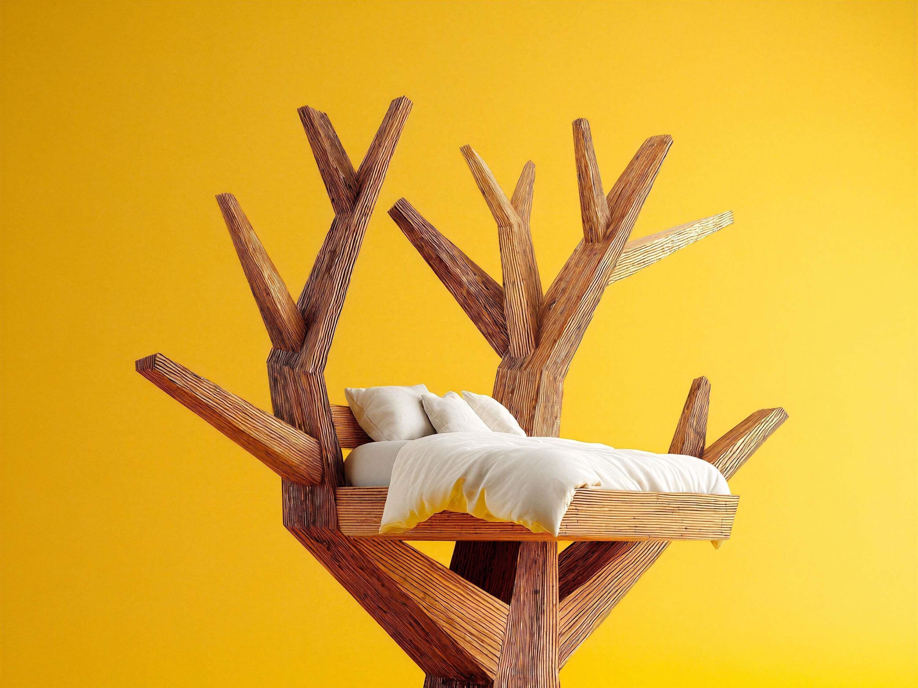 A bed in a tree-shaped structure with a yellow background.
