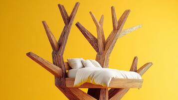 A bed in a tree-shaped structure with a yellow background.