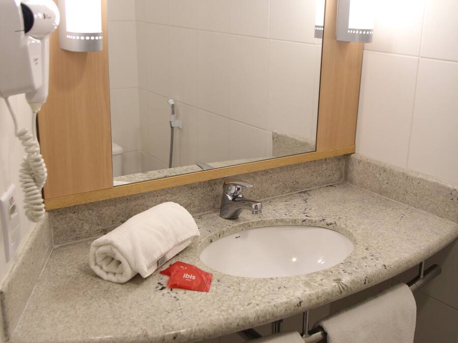 Um banheiro com pia, espelho, porta-toalhas e secador de cabelo.