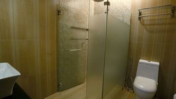 A modern bathroom with a glass-enclosed shower, a toilet, and a sink.