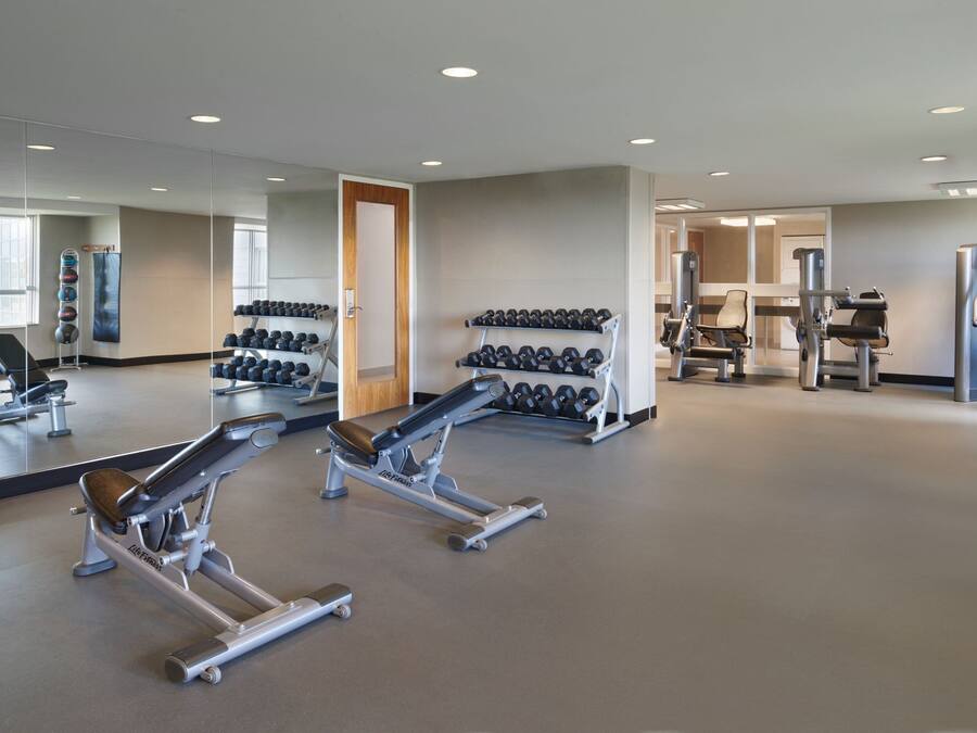 Un gimnasio moderno con equipamiento de levantamiento de pesas, mancuernas y máquinas de cardio.