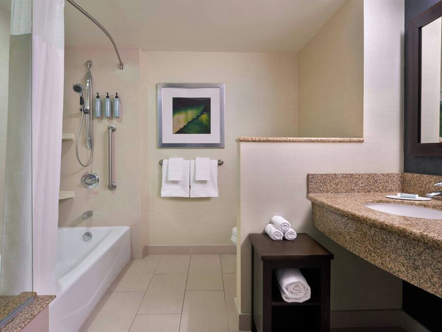 Een badkamer met een bad, douche, wastafel en een ingelijste foto aan de muur.