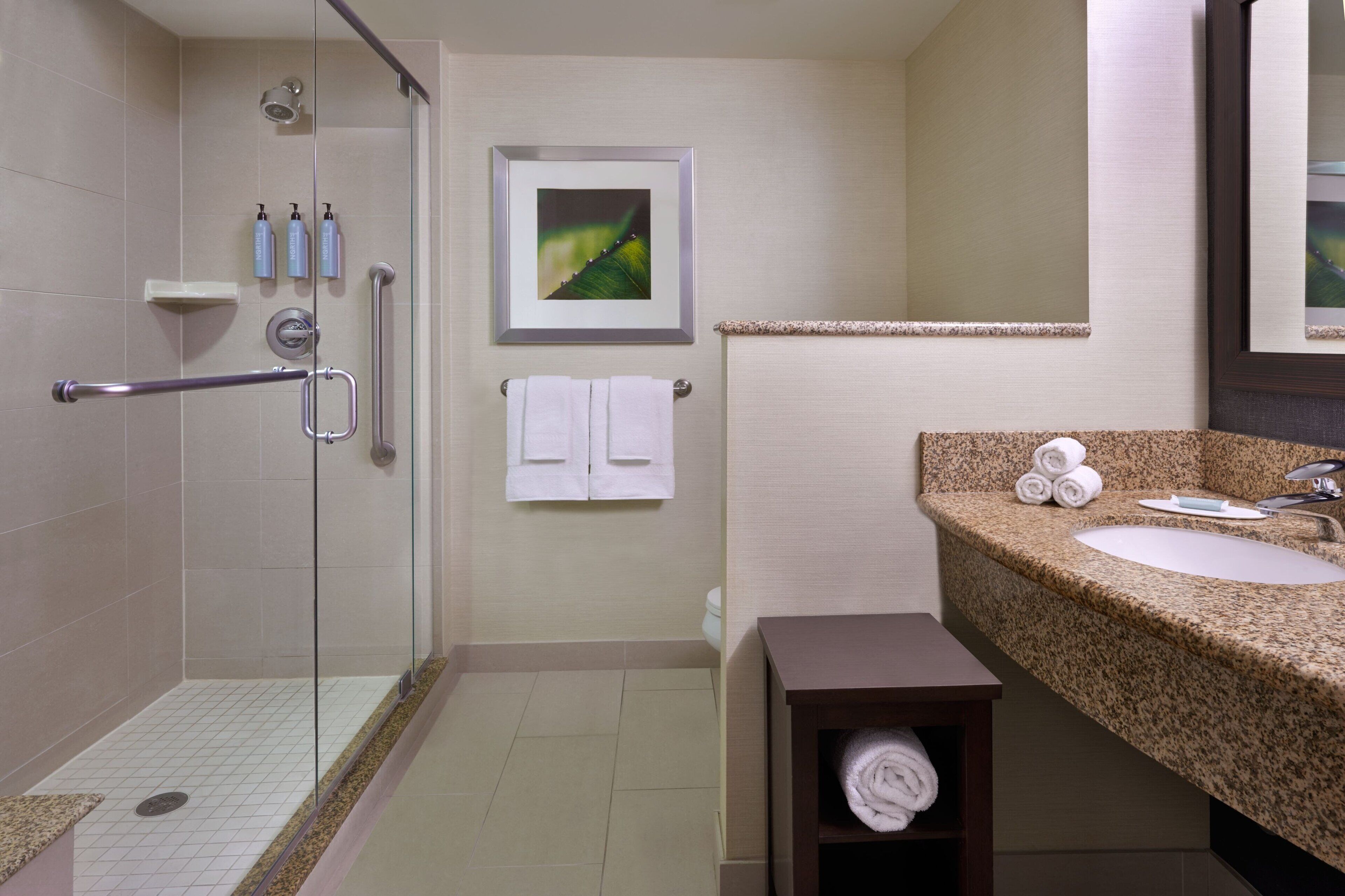 A modern bathroom with a glass shower enclosure, a sink with a granite countertop, and a framed picture on the wall.