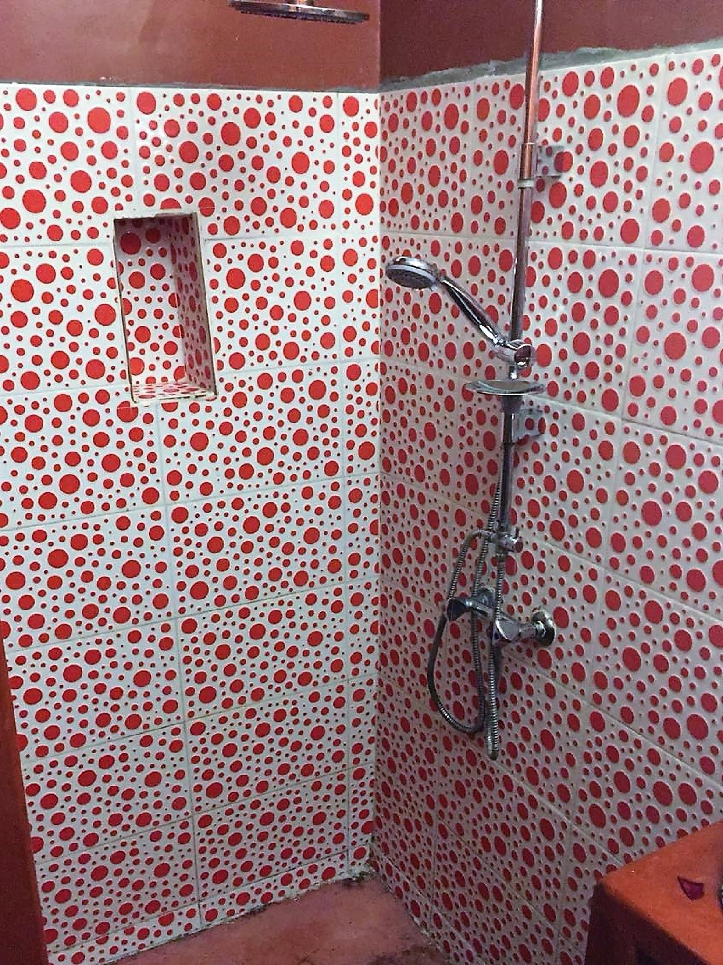 A shower with a red and white polka dot tile pattern.