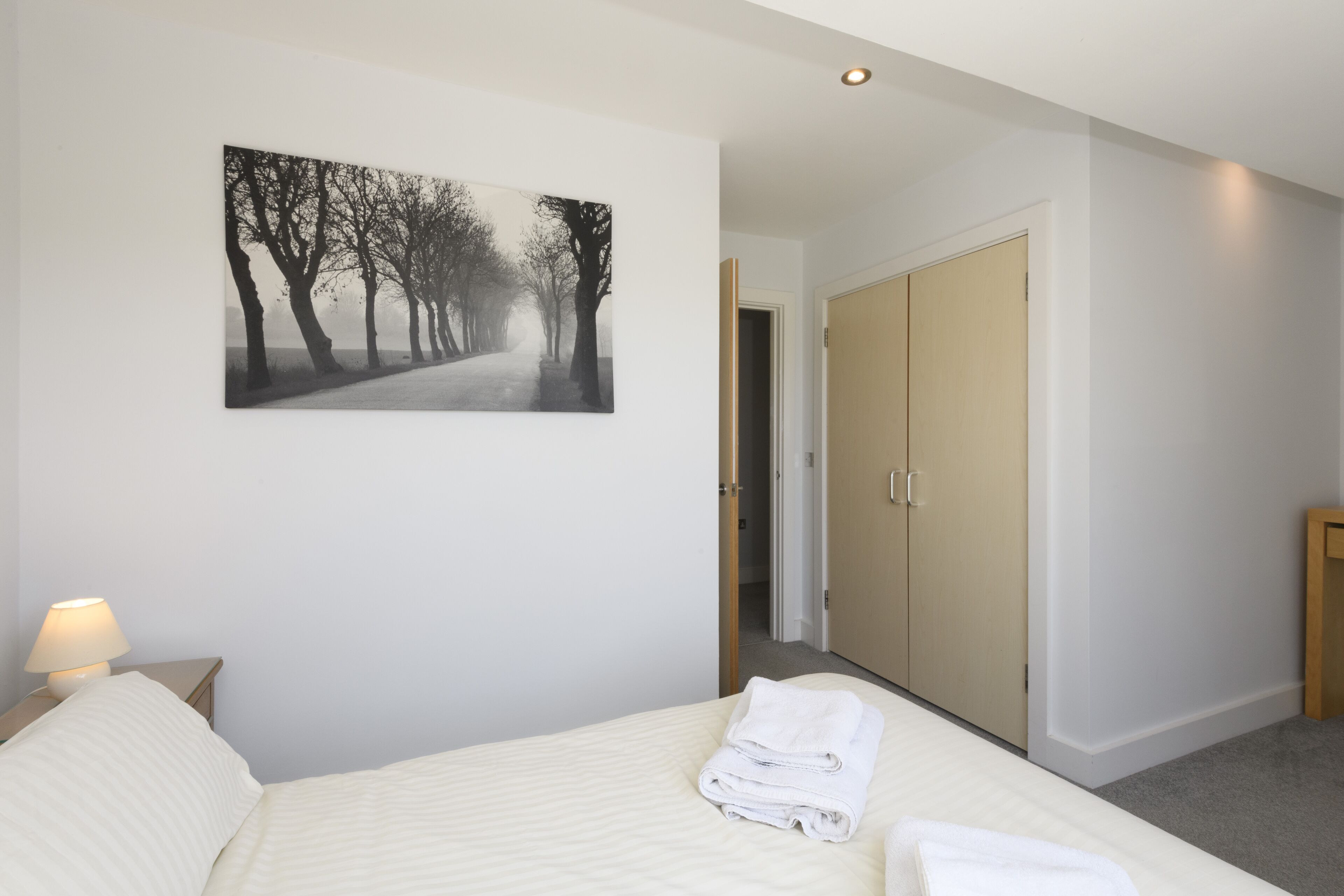 A bedroom with a bed, a nightstand, a wall-mounted lamp, a wardrobe, and a framed picture of trees.