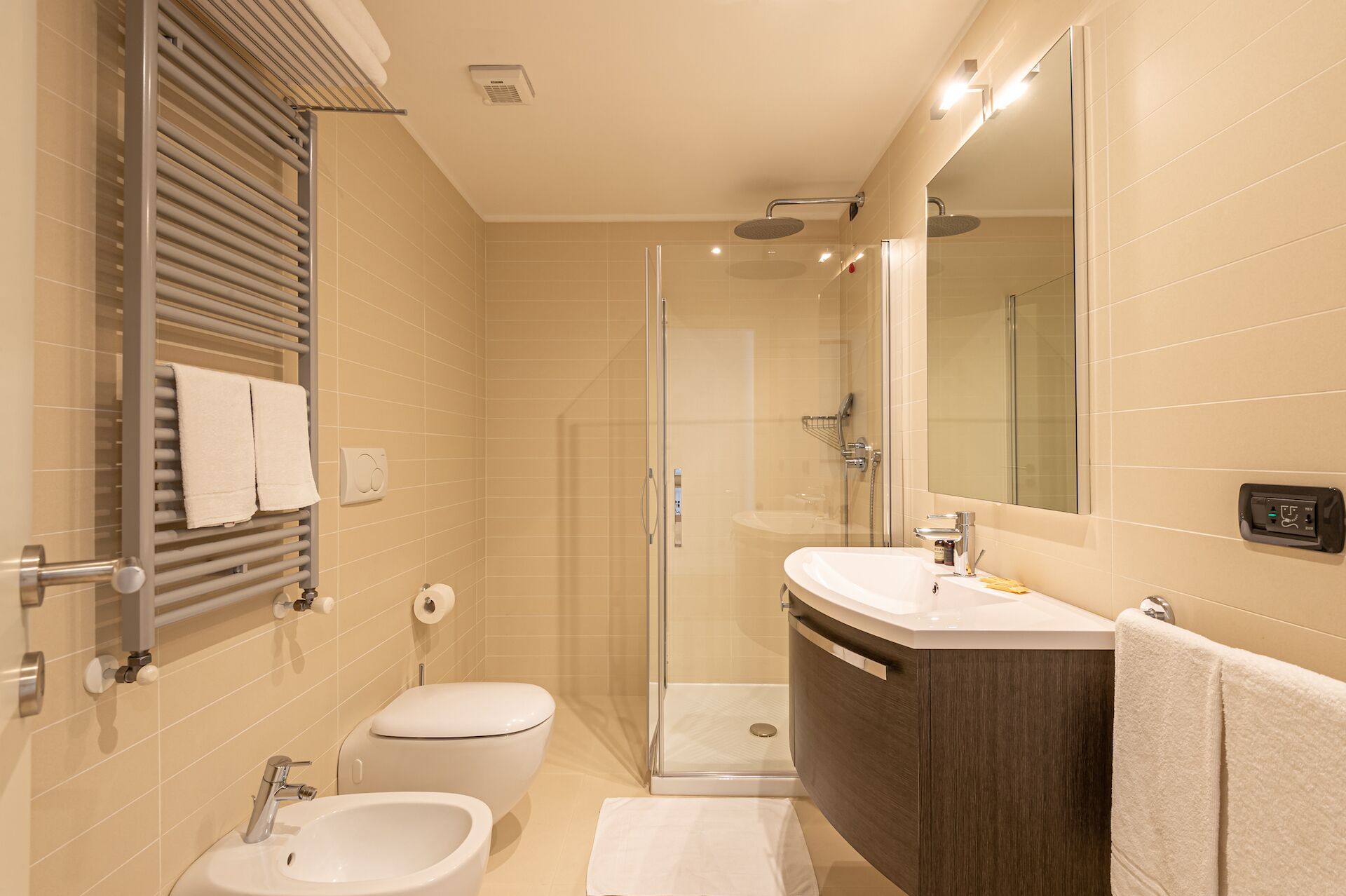 A modern bathroom with a shower, toilet, bidet, and a large mirror.