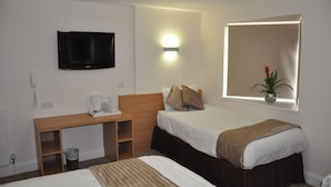 A hotel room with two beds, a TV mounted on the wall, a bedside table with a lamp, a window with a plant, and a small trash bin.