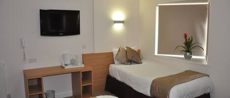 A hotel room with two beds, a TV mounted on the wall, a bedside table with a lamp, a window with a plant, and a small trash bin.