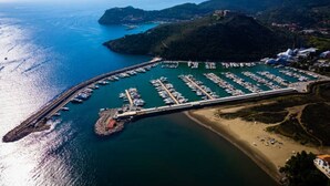 Vista aérea de un puerto deportivo con barcos amarrados, una playa y terreno montañoso al fondo.