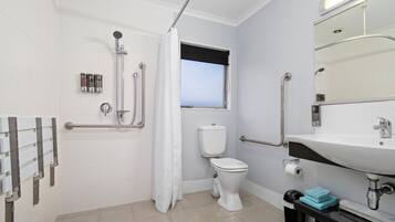 Et moderne badeværelse med bruser, toilet og vask.