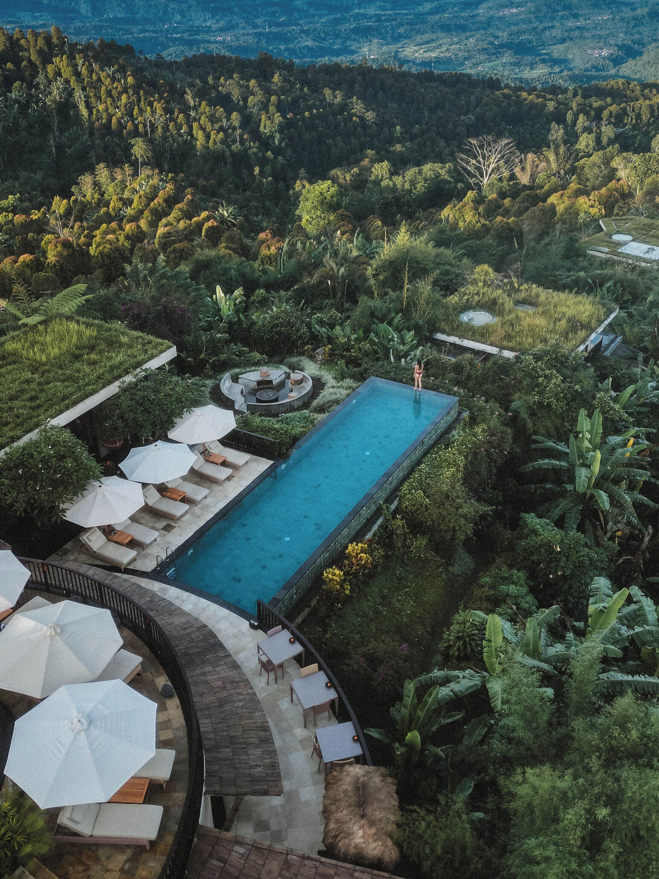 Vista aérea de un complejo turístico con piscina, áreas de descanso y abundante vegetación.