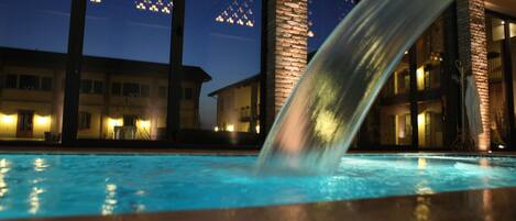 Indoor pool, open 10:00 AM to 8:00 PM, sun loungers