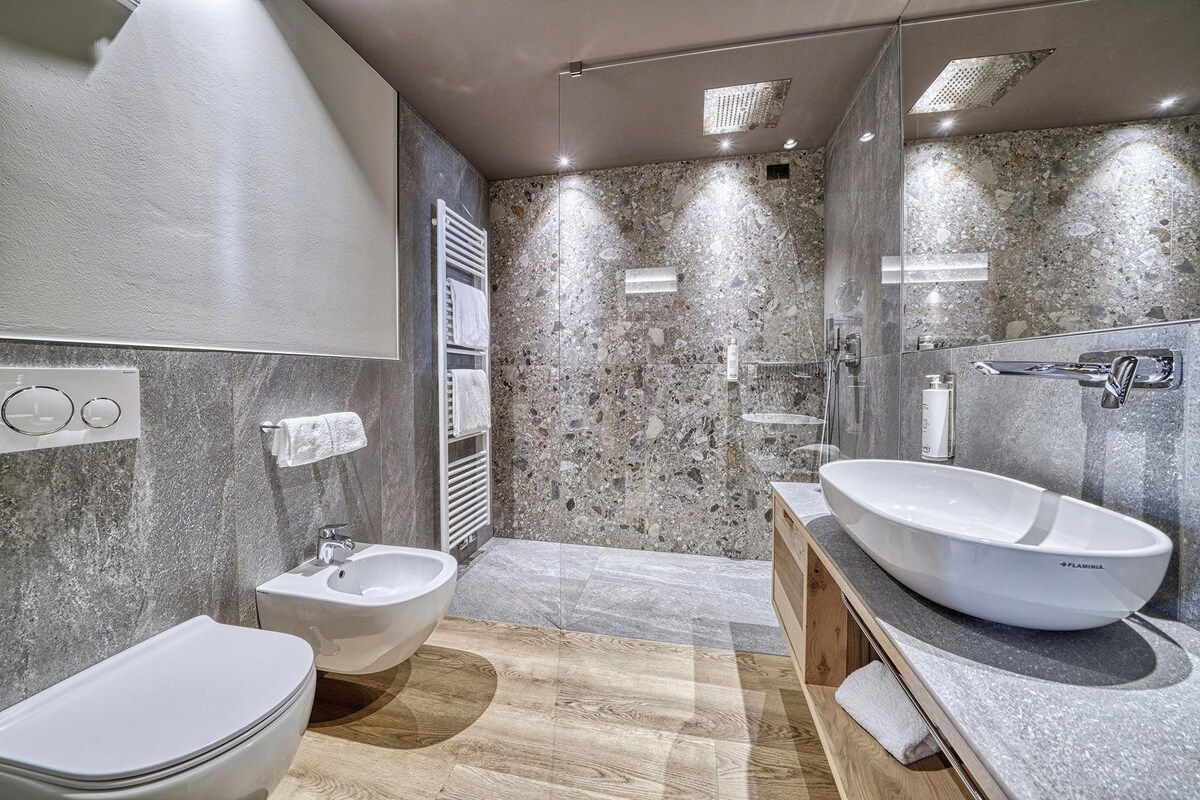 Une salle de bain moderne équipée d’un bidet, d’un grand lavabo et d’un espace douche.