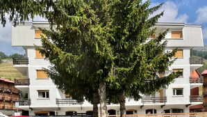 A modern building with balconies, a parking area, and a cart with potted plants. - Hotel Hermitage (Sestriere)