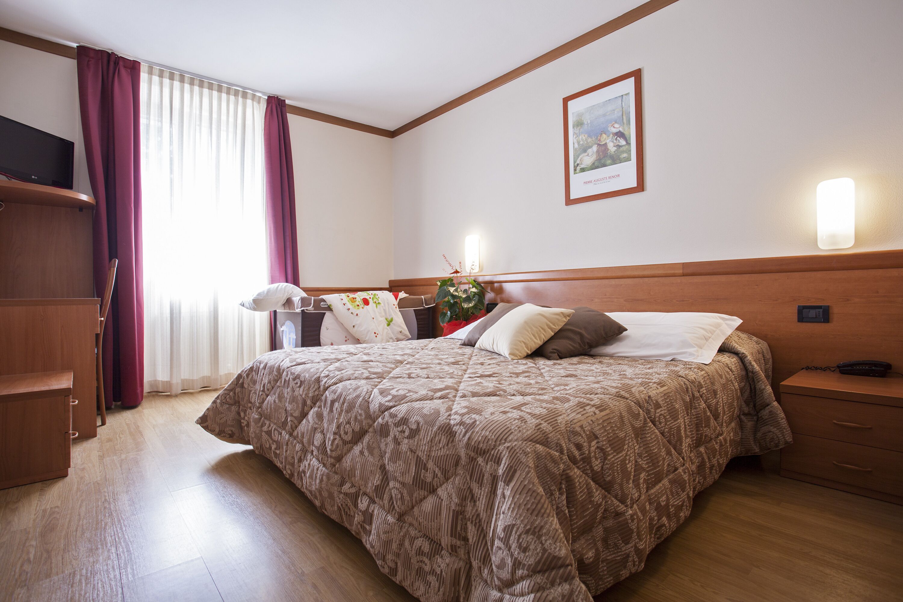 A hotel room with a large bed, a desk, a chair, a TV, and a framed picture on the wall.