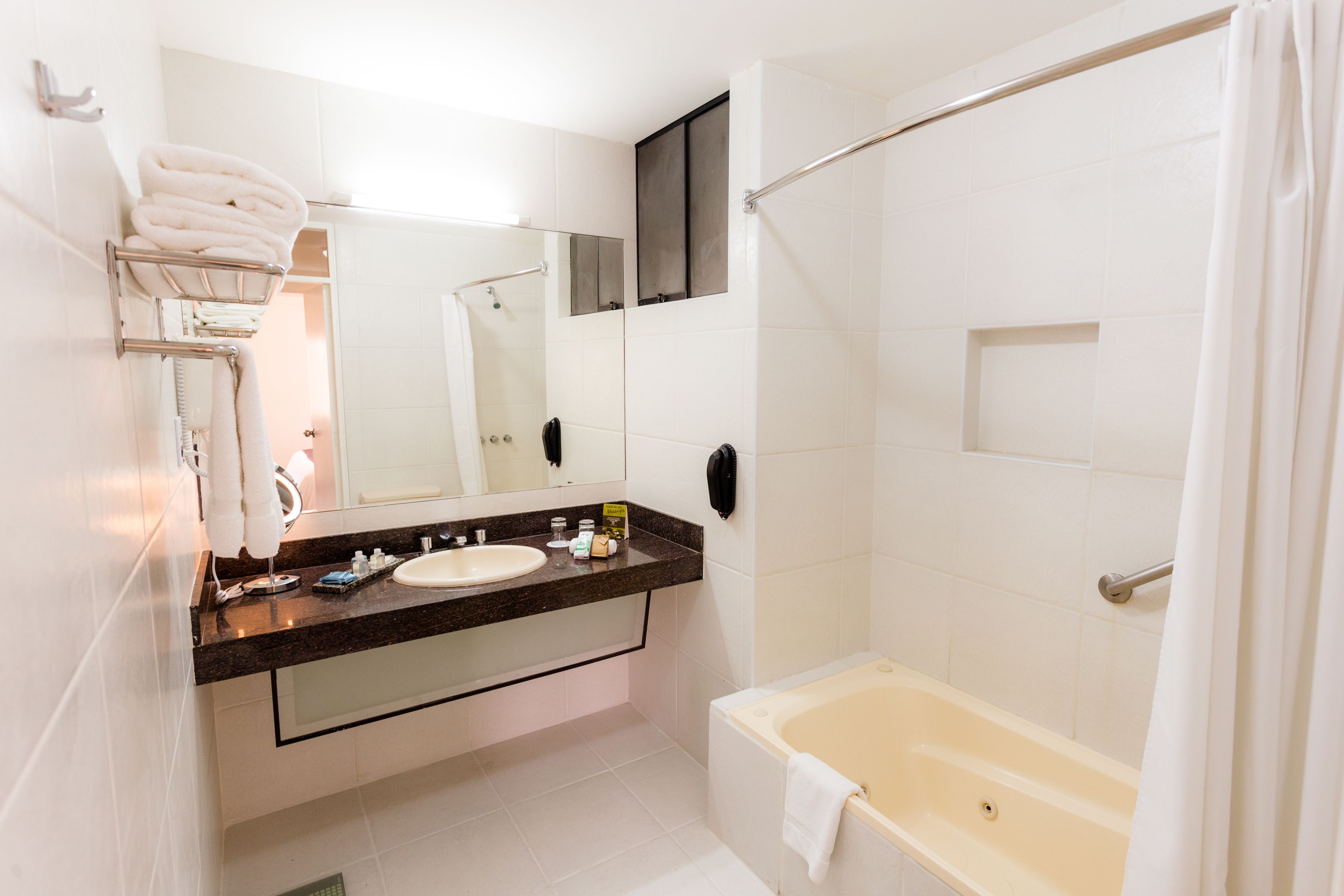 combined shower/bathtub, free toiletries, hair dryer, towels