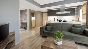 A modern living room with a grey sofa, a coffee table with a plant, and a TV. - Nardi Nişantaşı (Istanbul)