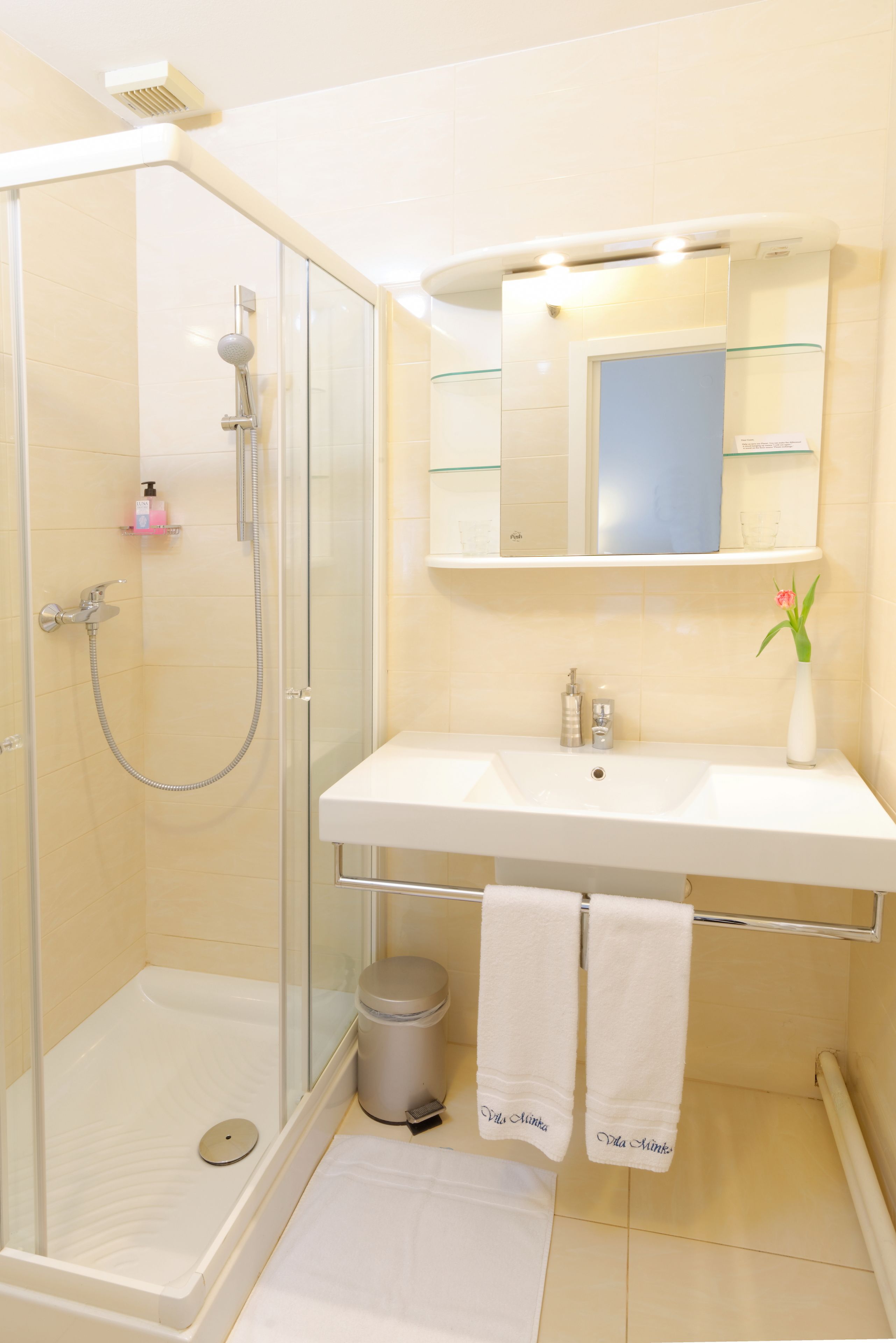A modern bathroom with a glass-enclosed shower, a white sink, and a mirror above the sink.