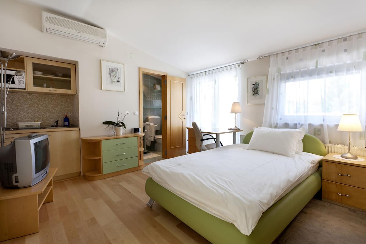 A bedroom with a green bed, a desk with a chair, a television, and a bathroom with a toilet and shower.