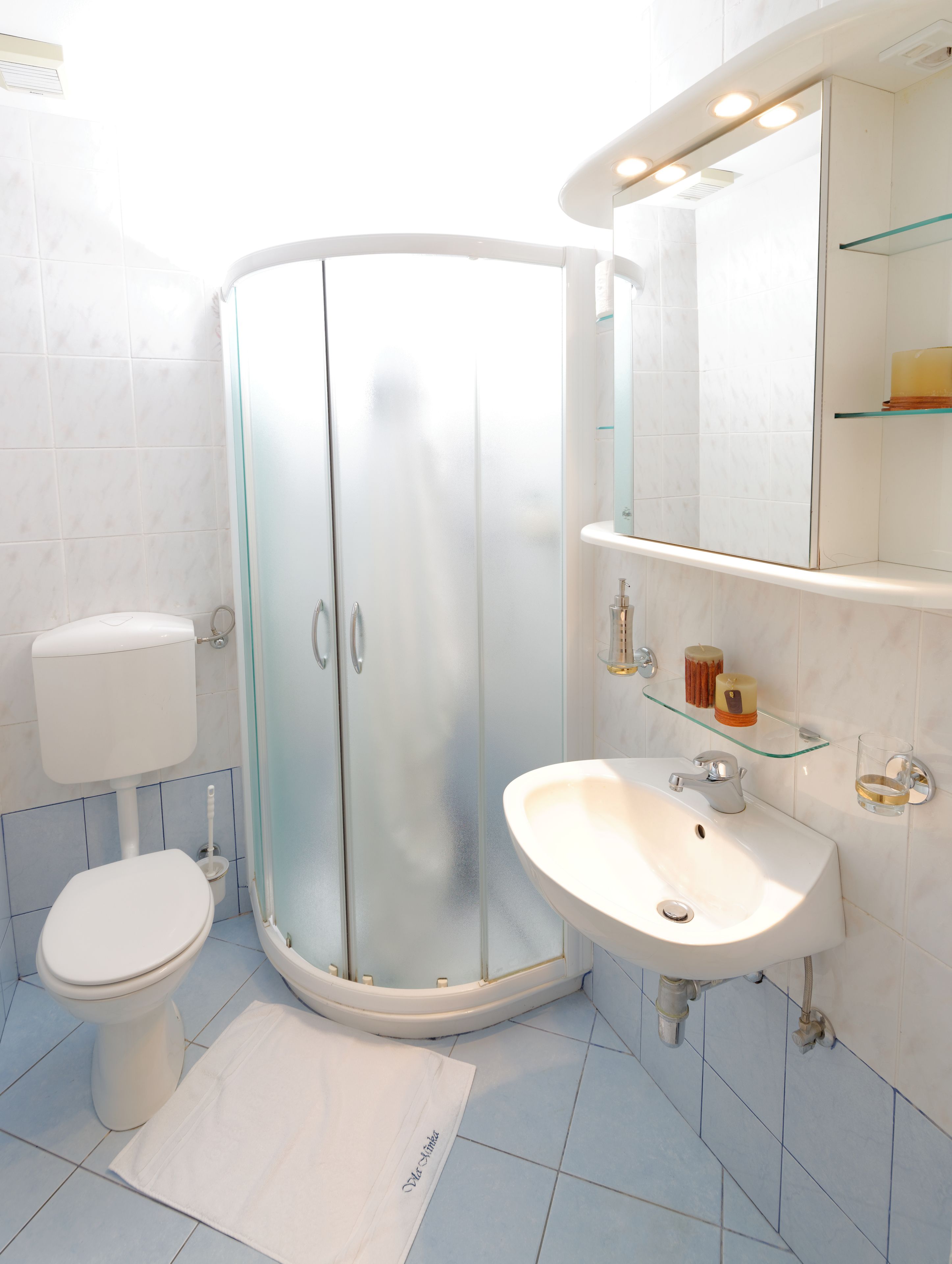 A modern bathroom with a glass shower enclosure, a white sink, and a toilet.