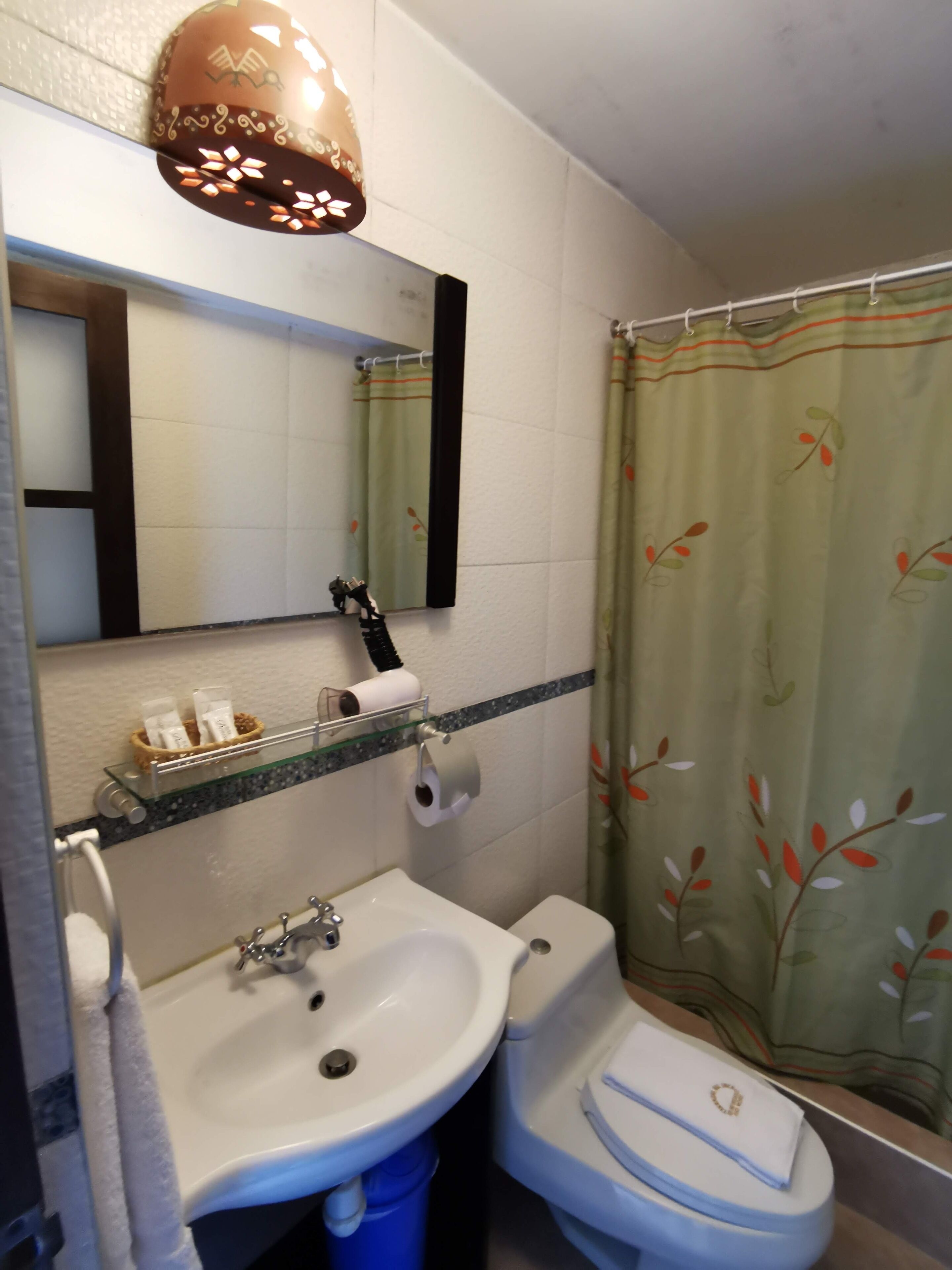 Een badkamer met een wastafel, toilet en een spiegel boven de wastafel. Er is een handdoekhouder met een handdoek eraan, en een douchegordijn met een bladmotief.