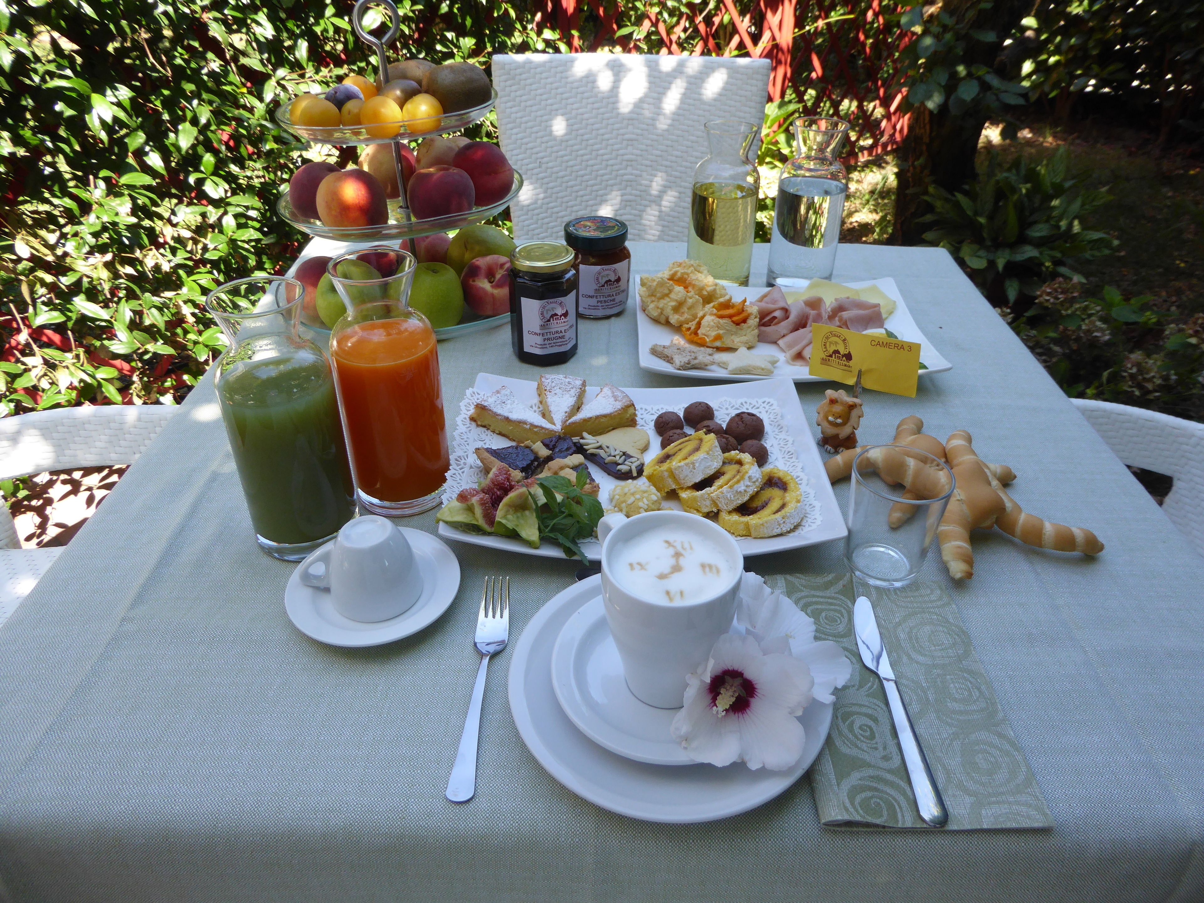 Una mesa al aire libre con diversas opciones de comida, entre ellas frutas, pasteles y bebidas.