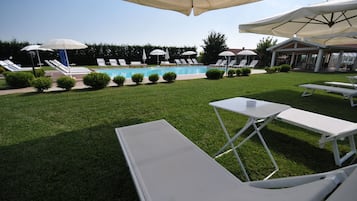 Indoor pool, outdoor pool, open 10:00 AM to 7:00 PM, pool umbrellas