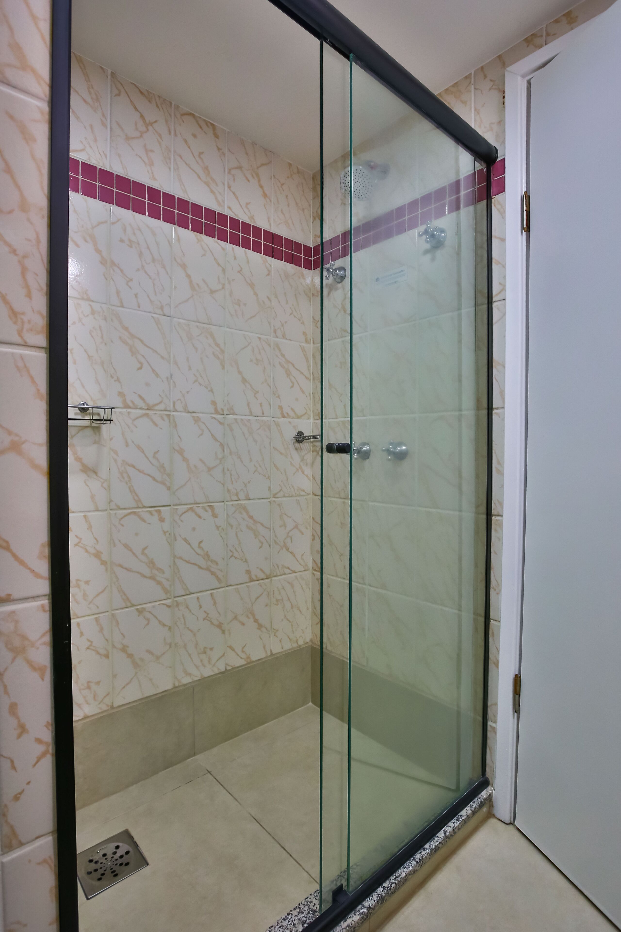 A glass-enclosed shower with a tiled wall and a white door.