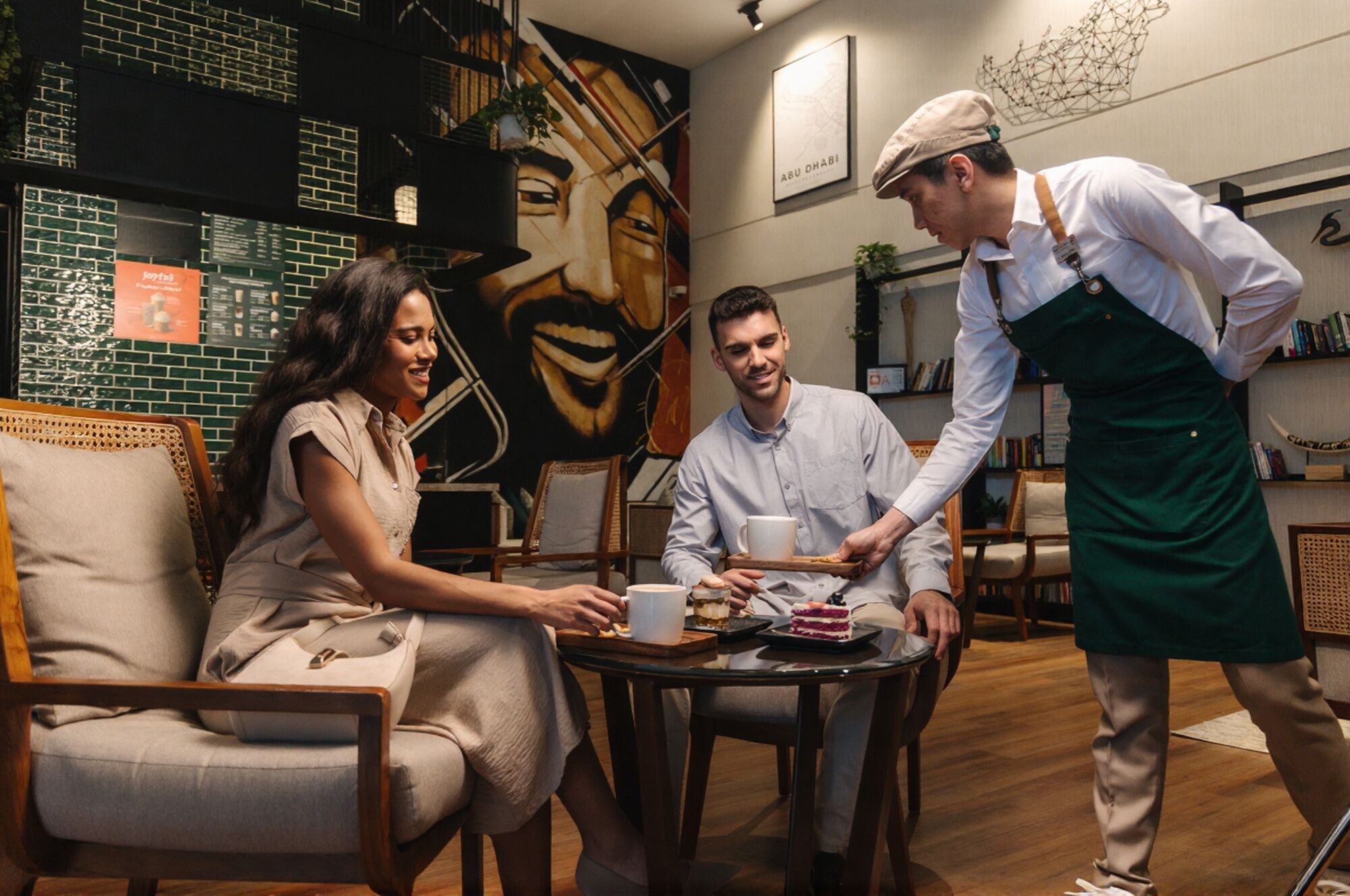 A café setting with a mural, a menu board, and a waiter serving coffee and pastries.