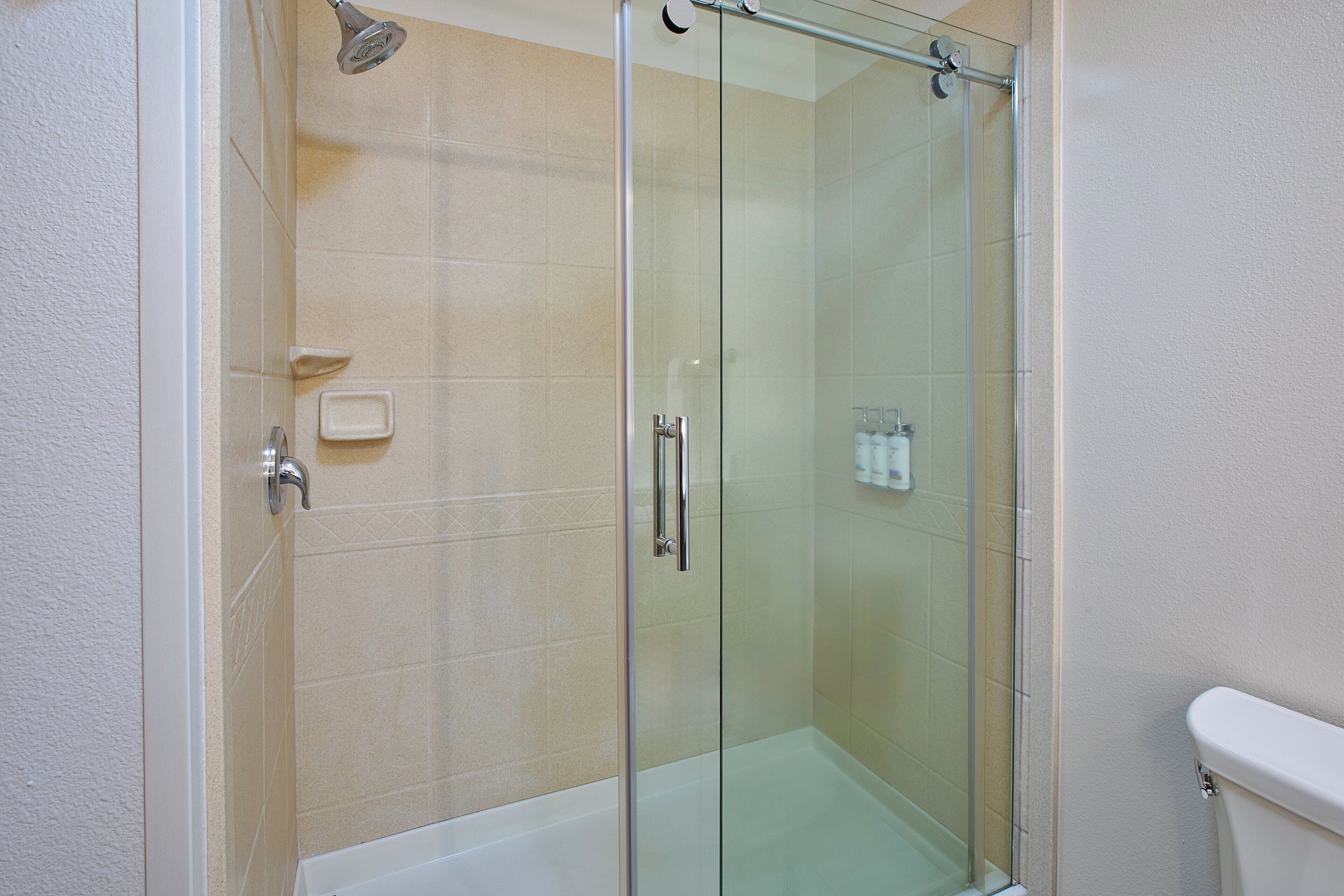 A glass-enclosed shower stall with a handheld showerhead, a glass door, and a white toilet visible to the right.