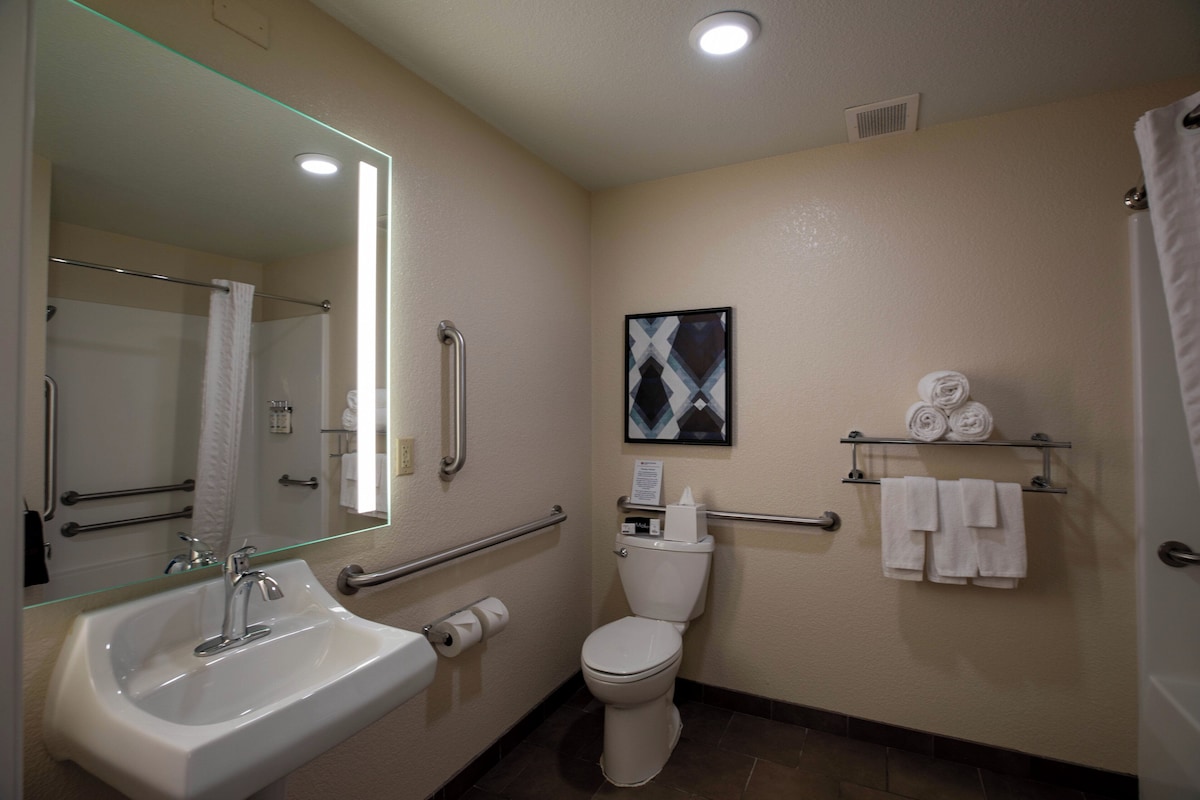 A bathroom with a sink, toilet, and handrails.