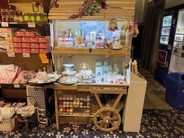 Una exhibición de diversos productos envasados, incluyendo alimentos y productos de cuidado personal, organizados sobre un soporte de madera con un frente de vidrio.