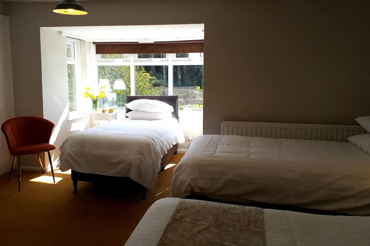 A bedroom with two beds, a chair, and a window with a view of greenery.