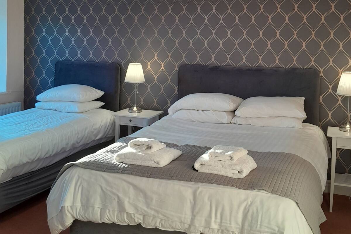 A double bed with a grey headboard and white bedding, two bedside tables with lamps, and a patterned wall.