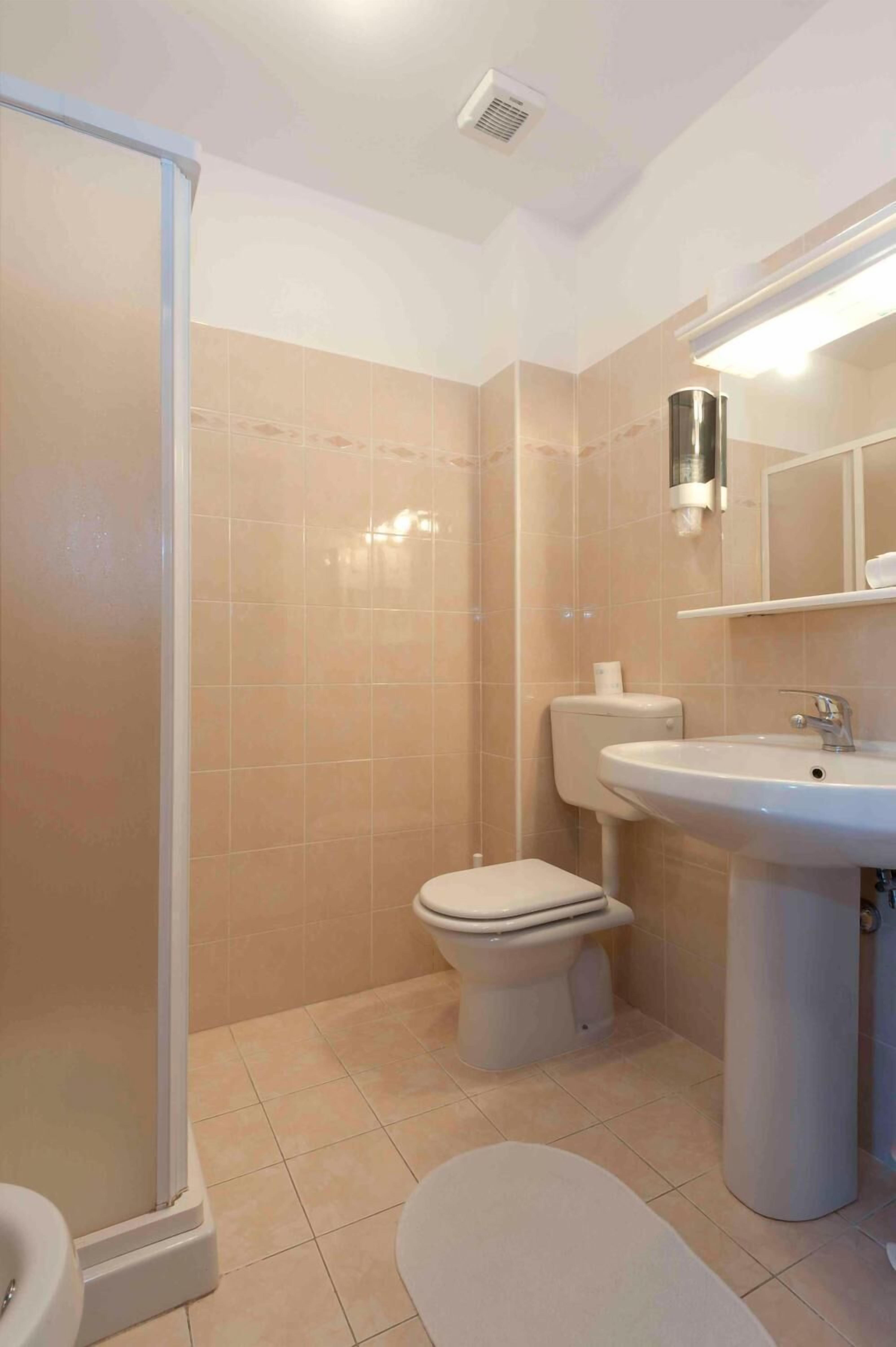 shower, hair dryer, bidet, towels